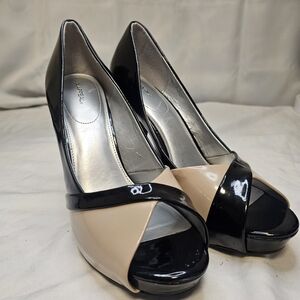 Xappeal Black and Cream Peep Toe Heels